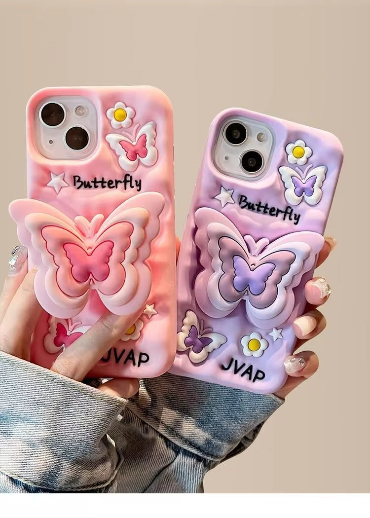 3D Cartoon Butterfly Flower Pop Stand Phone Case with Holder